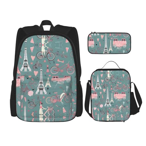 WURTON Romantische Paris Eiffelturm Fahrrad Druck Reise Lunchbox Federmäppchen Rucksack Set 3 Stück Verstellbare Träger Leicht, Schwarz, Einheitsgröße