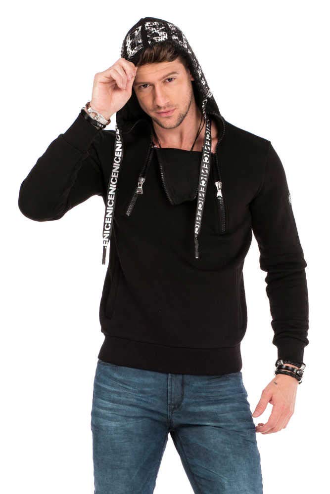 Cipo & Baxx Herren Hoodie Kapuzenpullover Sweatpulli Reißverschluss Pullover Langarmpullover mit Strasssteine Schwarz M