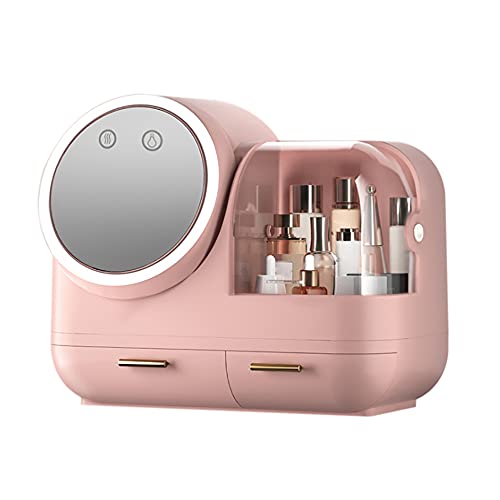 Kosmetik Aufbewahrungsbox wasserdichte Make Up Trainingsbox mit Spiegel Tragbare Make Up Organiser mit LED USB Aufladung Geeignet zum Sortieren und Aufbewahren von Kosmetika (Rosa)