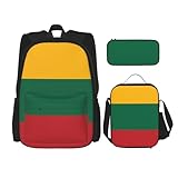 WURTON Trendige Rucksacktaschen mit Litauenflaggen-Druck, Lunch-Box und Federmäppchen, 3-in-1 verstellbares Rucksack-Set, Schwarz, Einheitsgröße, Schwarz , Einheitsgröße