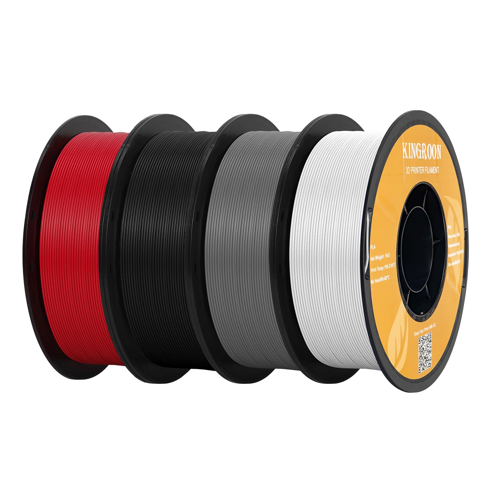 Kingroon PLA Filament,PLA Filament 1.75,3D Drucker Filament Maßgenauigkeit +/- 0,03 mm, 1-kg-Spule (2,2 lbs), PLA 4 kg Filament PLA Schwarz+Weiß+Grau+Rot Filament-3D-Druck Materialien