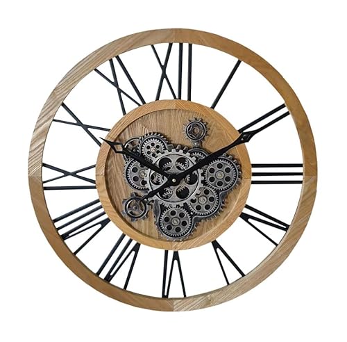 LW Collection Wanduhr mit drehenden Zahnrädern Ziggy braun 60cm - Radar Wanduhr mit römischen Ziffern Holz - Wanduhr mit beweglichen Wandrädern - Stille Uhr