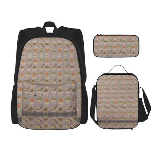 WURTON Rucksack mit Eierbecher-Motiv und Ramen-Aufdruck, für Mädchen und Jungen, für Teenager, Lunchbox und Federmäppchen, 3-in-1-Büchertaschen-Set