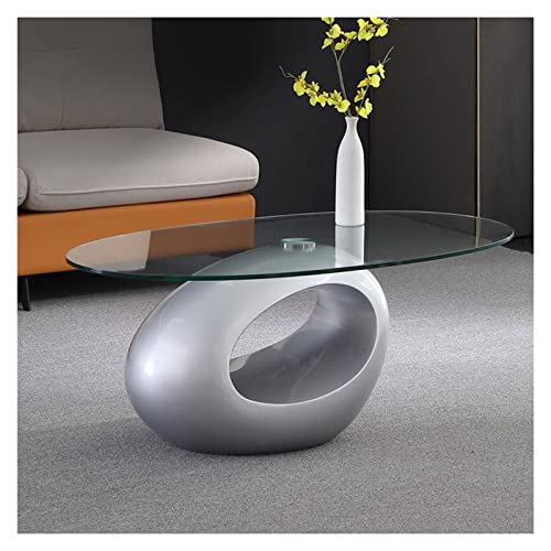 Huangj-0527 Couchtisch Wohnzimmertisch Ovaler Couchtisch, Wohnzimmertisch mit Ablagefach, 33 Zoll moderner Couchtisch aus gehärtetem Glas, Sofa-Mitteltisch, einfache Montage für Wohnzimmer(Silver)