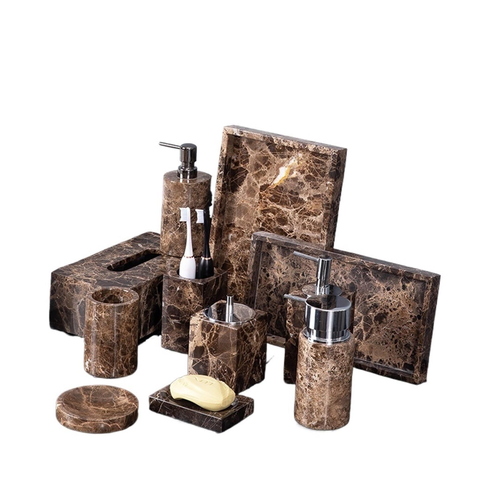 AMEEDA Badezimmer Set Badezimmerzubehör aus braunem Naturmarmor, luxuriöser Marmor-Seifenspender, Zahnbürstenhalter, Seifenschale und Tablett-Set for das Badezimmer Badezimmer Set Akazie(Gold-Bottle)