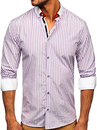 BOLF Herren Hemd Langarm Streifenhemd Freizeithemd Hemdbluse Langarmhemd Elegant Business Party Bügelleicht Farbwahl Classic Basic Slim Fit Casual Style 20727 Violett M [2B2]