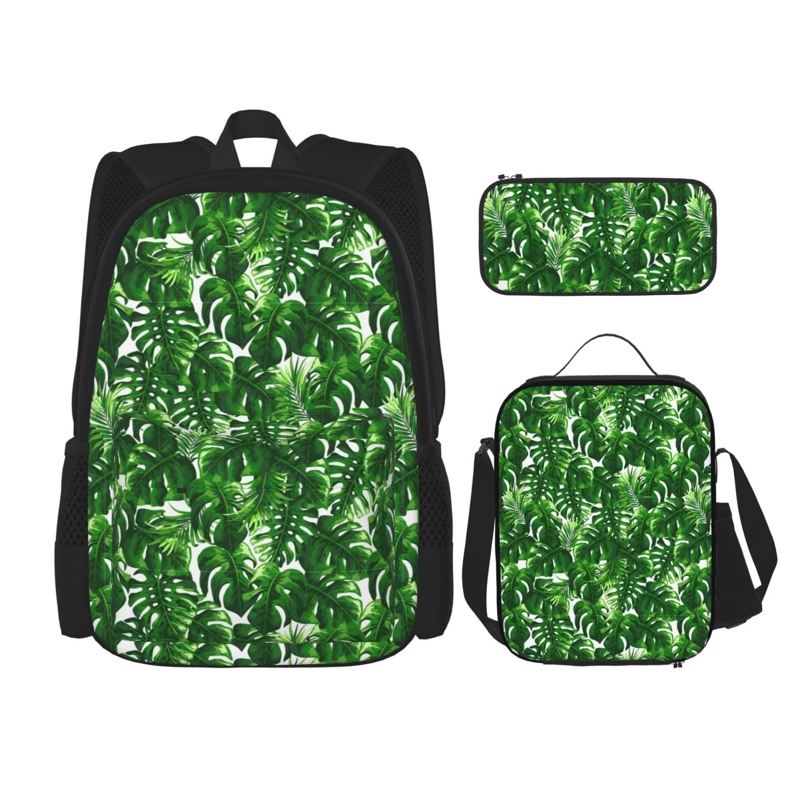 WURTON Monstera Deliciosa Bananen-Palmendruck, 3-in-1-Sets, lässig, verstellbar, Schulter-Rucksack, Lunch-Tasche, Federmäppchen, Beutelbox, Schwarz, Einheitsgröße