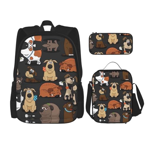 WURTON 3-in-1-Set mit Hunde-Corgi-Aufdruck, lässig, verstellbar, Schulter-Rucksack, Lunch-Tasche, Federmäppchen, Tasche, Schwarz, Einheitsgröße