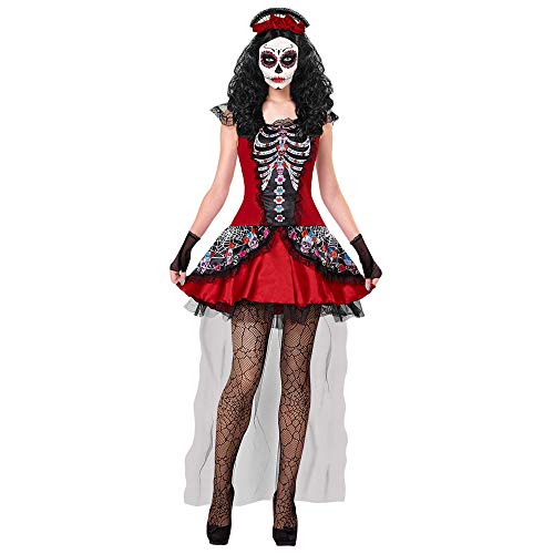 Widmann - Kostüm Dia de los Muertos, Kleid, fingerlose Handschuhe, Kopfschmuck, Tag der Toten, Motto-Party, Karneval, Halloween