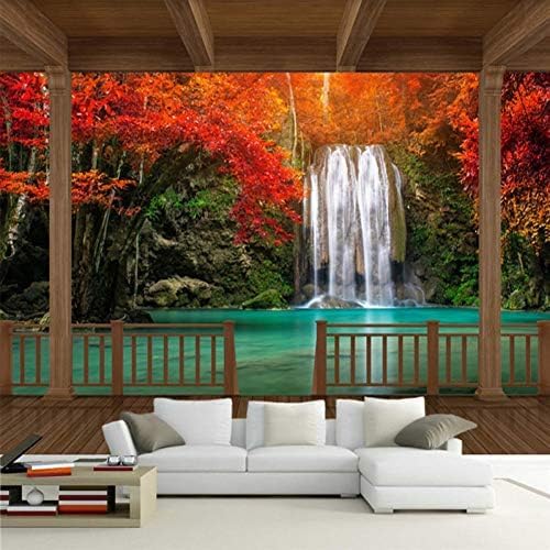 Balkon Rot Wald Wasserfall Natur Landschaft 3D Tapeten Wanddekoration Fototapete Sofas Wohnzimmer Wandbild Schlafzimmer-300cm×210cm