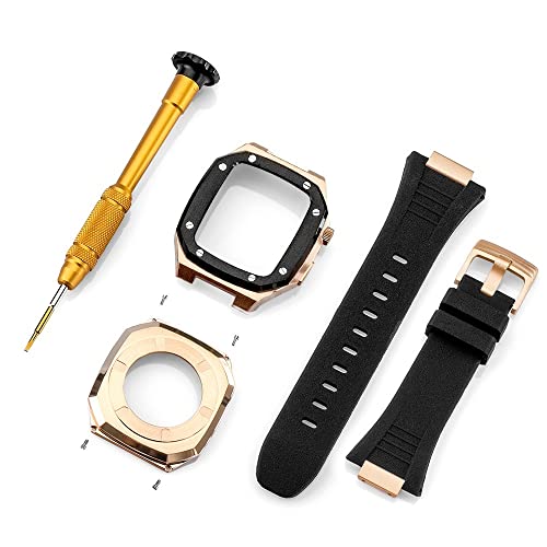 KANUZ Edelstahlarmband für Apple Watch, Armbandmodifikation, 45 mm, 44 mm, 41 mm, Metall-Mod-Kit-Set für iWatch Serie 8, 7, 6, SE, 5, 4, 3, 2, 1 (Farbe: Rotgold, Schwarz-B, Größe: 45 mm)