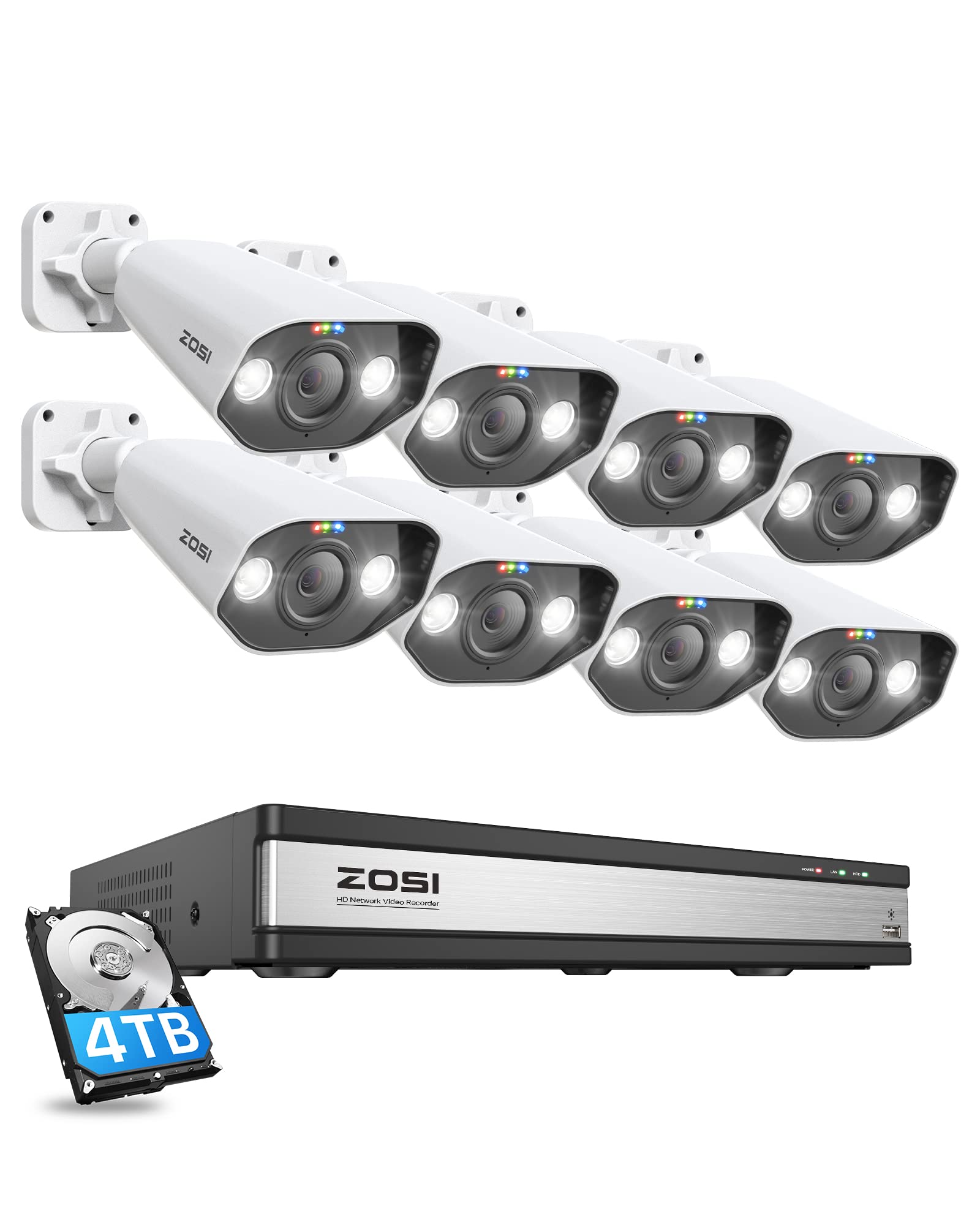 ZOSI 5MP Überwachungskamera Aussen Set, 16CH 4TB HDD NVR und 8X 5MP PoE IP Outdoor Kamera für 24/7 Aufzeichnung, 2 Wege Audio, AI Erkennung, Spotlight und Ton Alarm