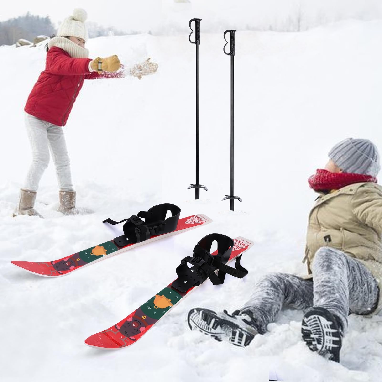 Altsuceser Schneeski und Stöcke für Kinder mit Bindungen, niedrigresistente Ski-Boards für Kinder ab 4 Jahren, leicht, stabil, sichere Kinder-Skiausrüstung, mit weihnachtlichem Muster