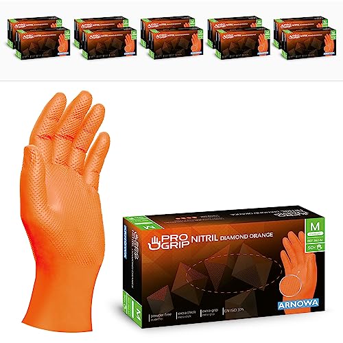 PROGRIP Einweghandschuhe Orange, Einmalhandschuhe extra stark, Nitrilhandschuhe M, 2x dicker, Handschuhe Einweg mit Diamantstruktur, Arbeitshandschuhe für Werkstatt & Montage, 500 Stück (10x50 Stk)