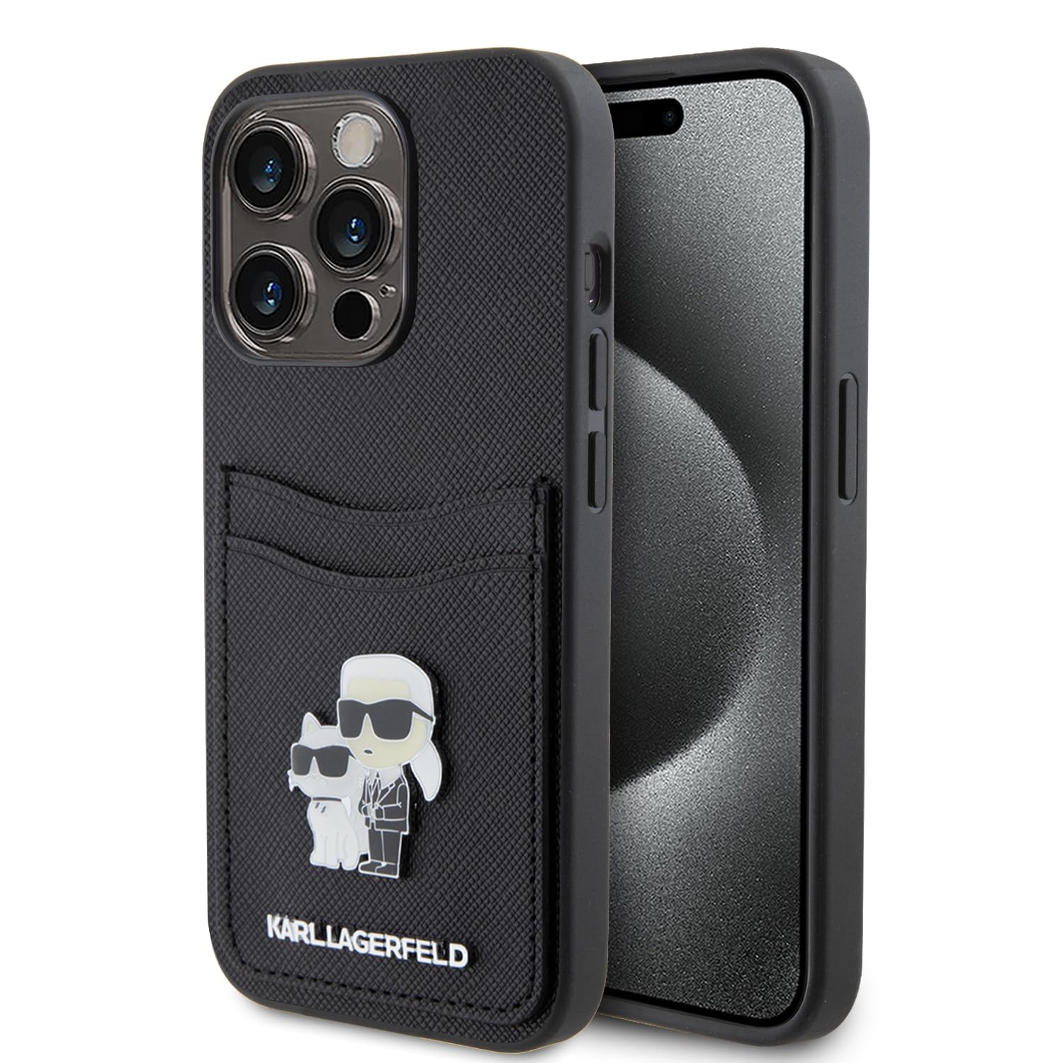 Karl Lagerfeld KLHCP15XSAPKCNPK Hülle für iPhone 15 Pro Max 6.7" Schwarz hardcase Saffiano Cardslot KC Metal Pin