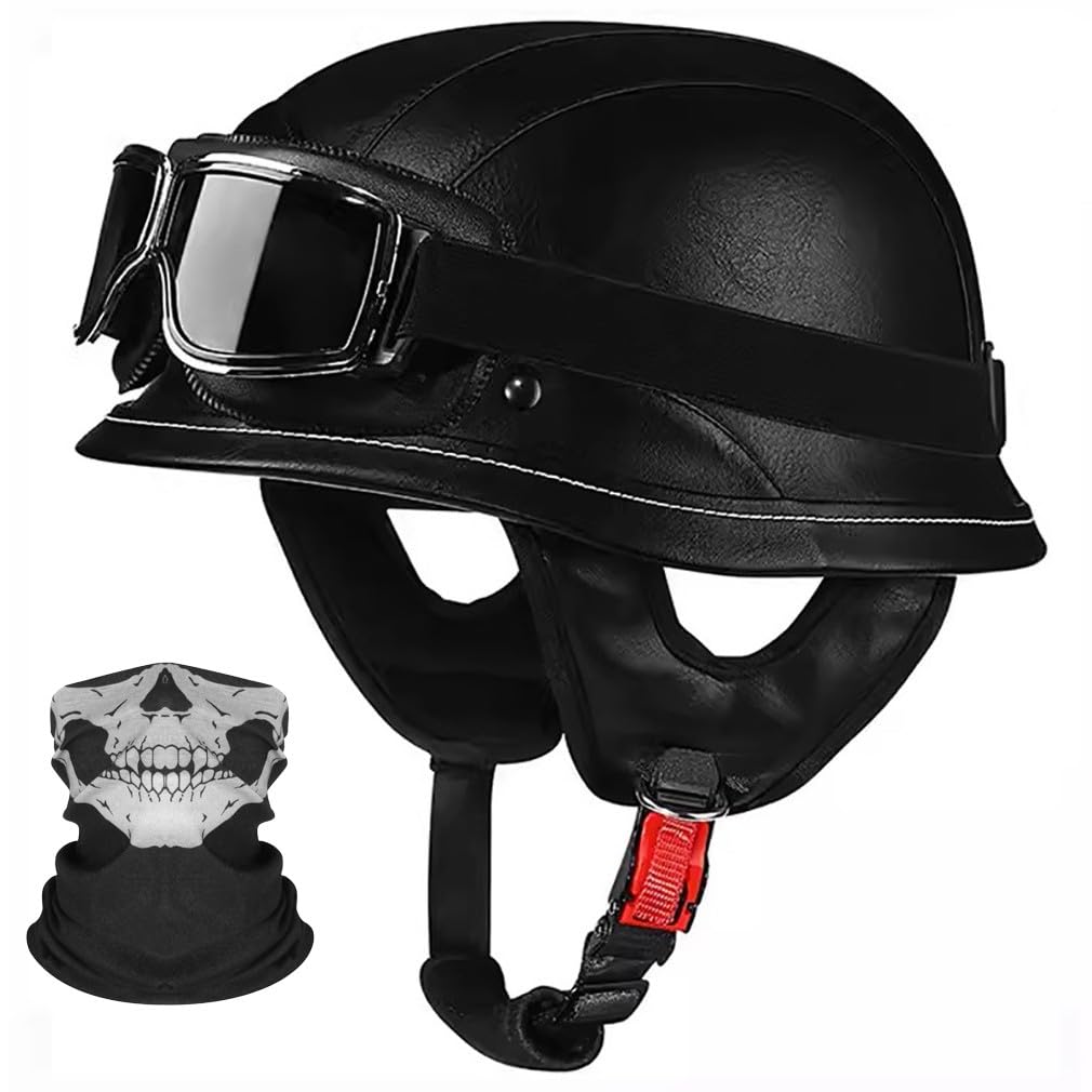 Deutsche Motorrad Halbhelme Leder Halbschalenhelm mit ECE Zertifiziert -Helm Mit Maske und Brille Herausnehmbares Innenfutter M~XL 57~62CM