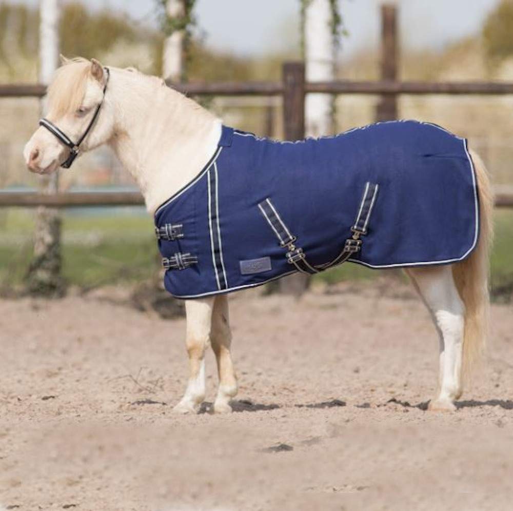 QHP Falabella Fleecedecke Minishetty Kreuzgurte blau mit weißen Ziernähten (85 cm)