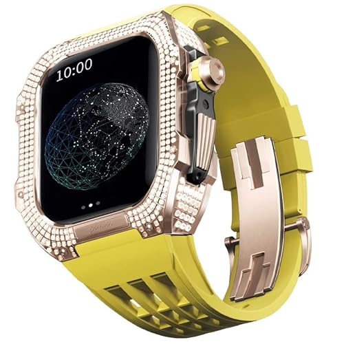 KANUZ Mod-Kit für Apple Watch Serie 6, 5, 4, SE, 44 mm, Gehäuse aus Titanlegierung und Gummiband für iWatch 6, SE, 5, 4, 44 mm, Ersatz-Uhrenarmbandzubehör (Farbe: Gelb 2, Größe: 44 mm)