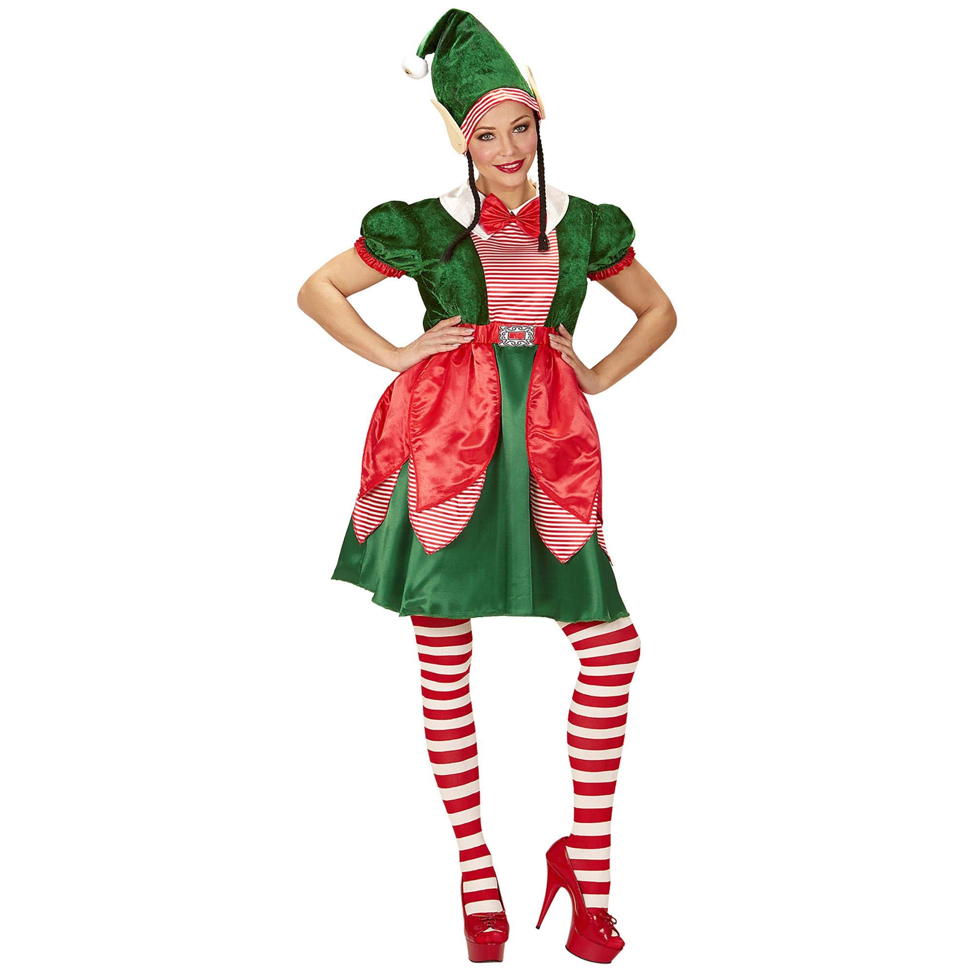 Widmann - Kostüm Elf Santas Helferin, Kleid, Mütze mit Ohren und Zöpfen, Weihnachten, Karneval, Mottoparty