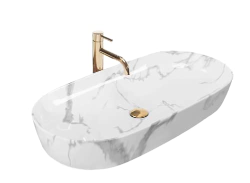 REA Waschbecken Waschtisch Aufsatzwaschbecken Keramik Handwaschbecken Aufsatz Waschschale Oval 14x40x80 Marmor Badezimmer Armatur Wasserhahn Bad Armaturen Nano-Beschichtung