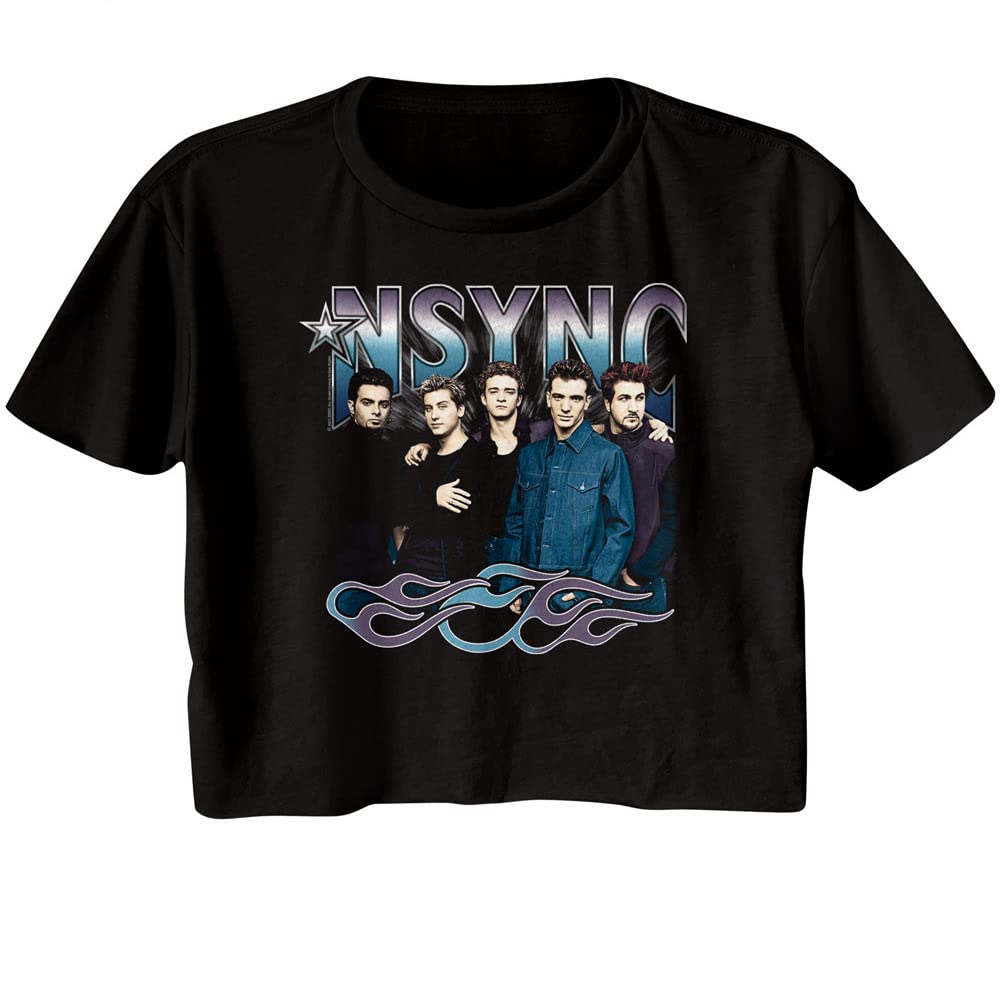 NSYNC T-Shirt für Damen, kühle Töne und Flammen, kurzärmelig, 90er-Jahre-Stil, bauchfreies Top, Sommer-Top, Schwarz, Klein