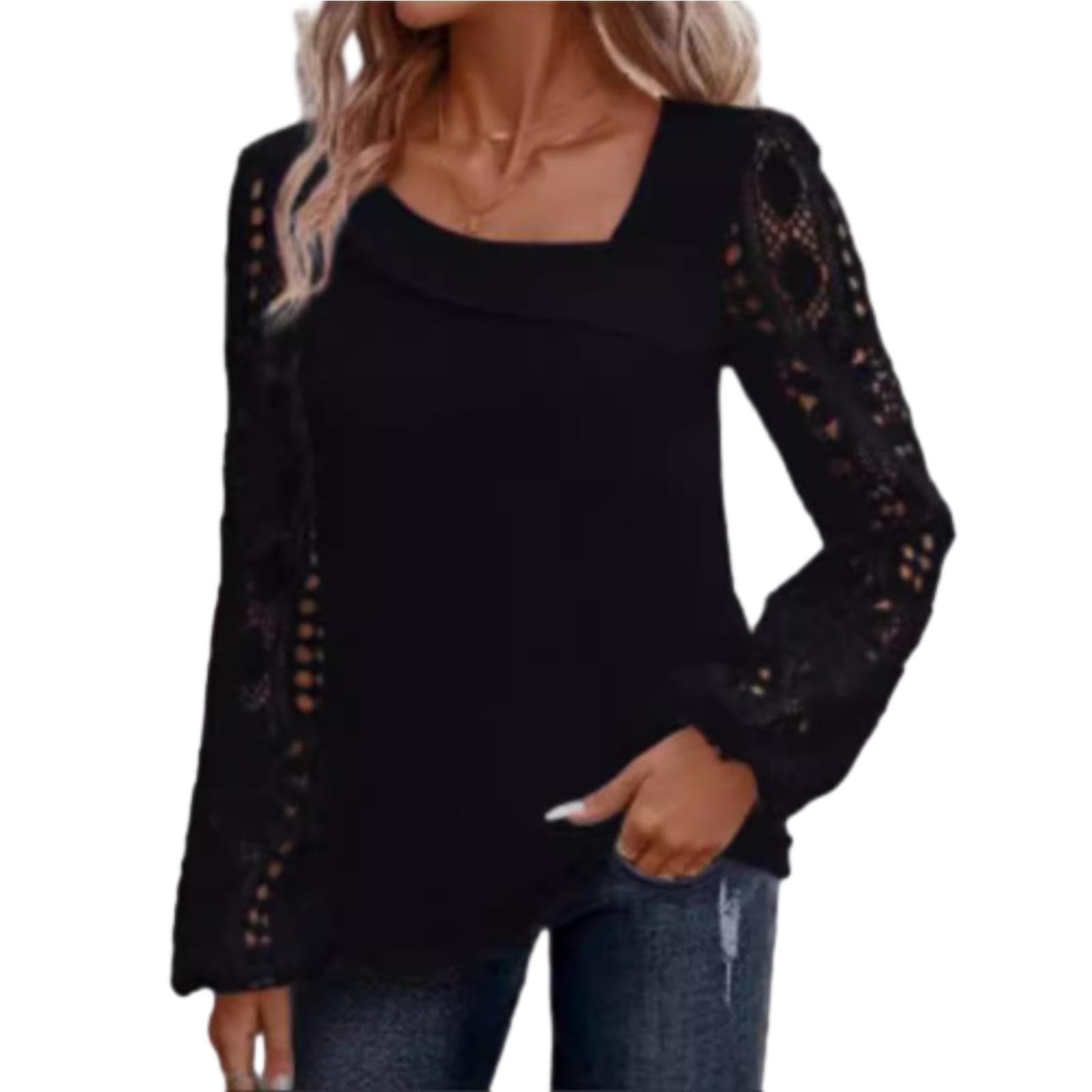 WINDEHAO Damen Cutout Spitze Patchwork Langarm Top Lose Hohl Spitze Spleißen Langarmshirt Elegante Bluse für Frauen UK