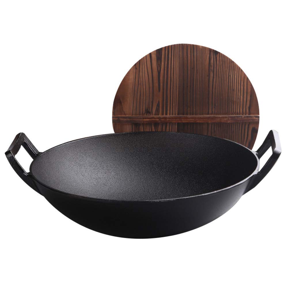 ZXFDMSWJ Gusseisen-Wok-Pfanne 36 cm Dicke, unbeschichtete Doppelohr-Rundboden-Haushaltspfanne, Induktionsherd, Gas, Alter Stil, großer Eisentopf, unendlicher Wok, Schwarz-36 cm