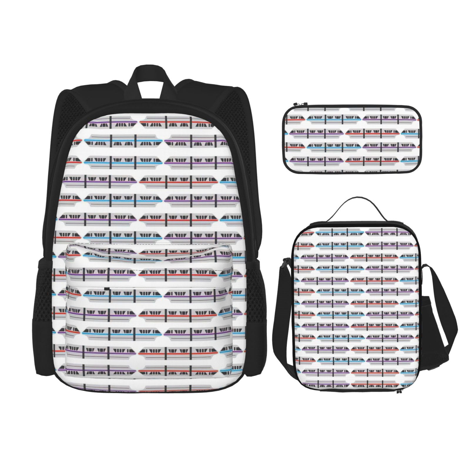 WURTON Monorail Train Print Rucksack Mädchen Jungen Schultaschen Teenager Lunchbox und Federmäppchen 3 in 1 Büchertaschen Set