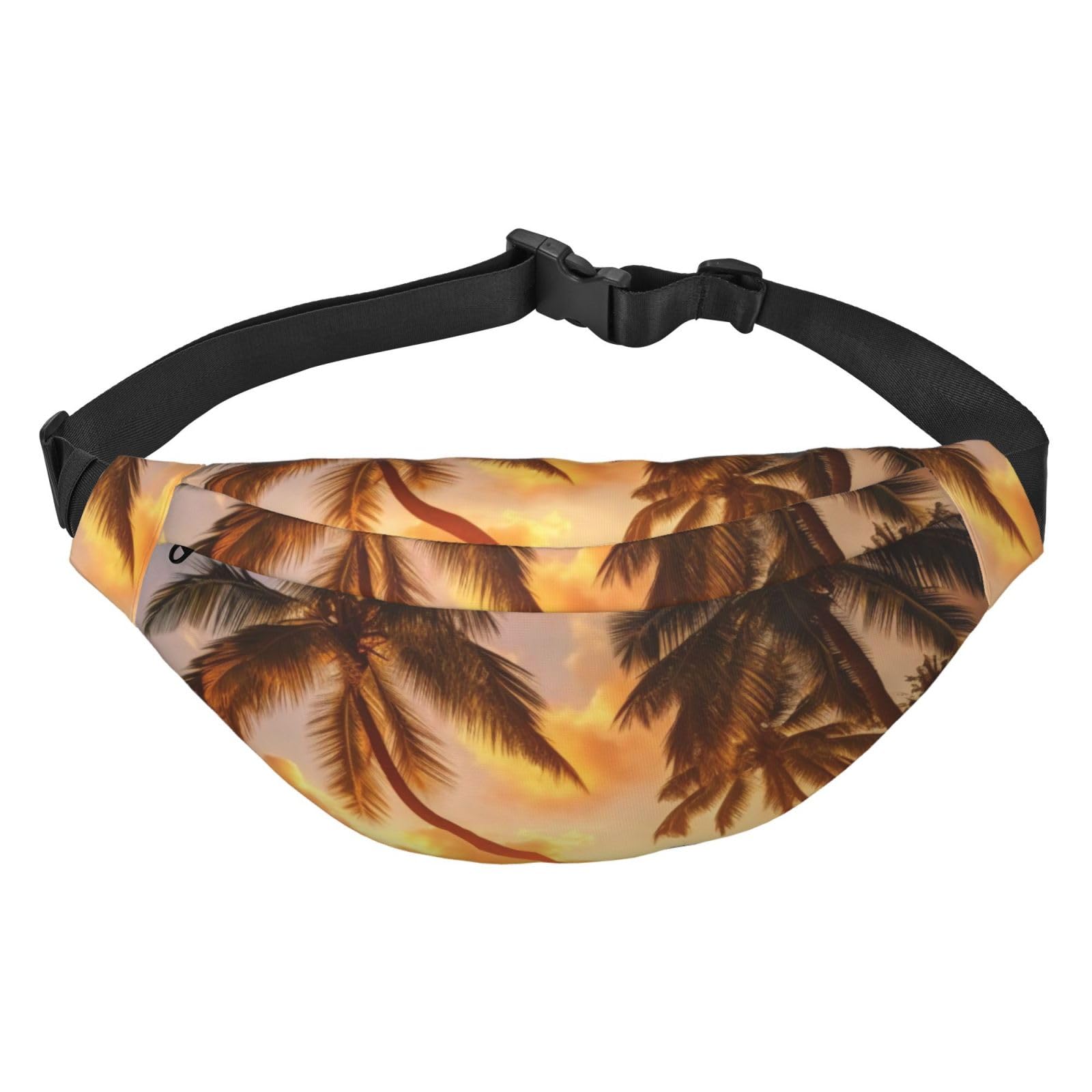 Strapazierfähige und leichte Gürteltasche mit Holzmaserung, wasserabweisendes Polyesterfasermaterial, Sonnenuntergang Hawaii Palme, Einheitsgröße