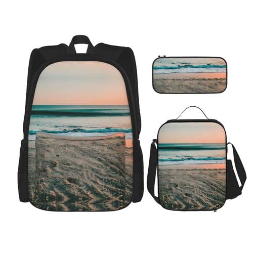 YQxwJL 3-in-1-Rucksack-Büchertaschen-Set, schwarz-weiße Sonnenblumen-Druck, lässige Reiserucksäcke, mit Federmäppchen, Lunchtasche, Strand-Sonnenuntergang-Thema, Einheitsgröße