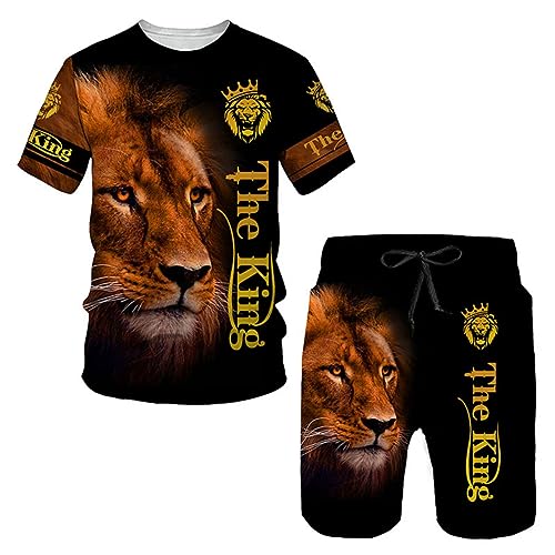 Lion Tiger and Wolf Animals T-Shirt and Shorts Set T-Shirt Hosen Shorts Sommer Herren T-Shirts Sets Herren Lion King Trainingsanzug Tops Shorts Sport- und Freizeitanzug 3D Print (A5,XL)