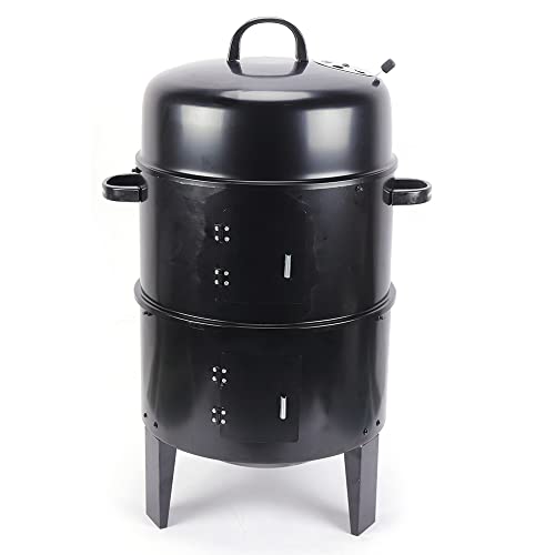 3 in 1 Grill Ofen Edelstahl-Brenner Räucherofen Griller Holzkohlegrill Räuchertonne Grill Ofen Räucherschrank Smoker Mit Thermometer Ideal Für Camping 84CM