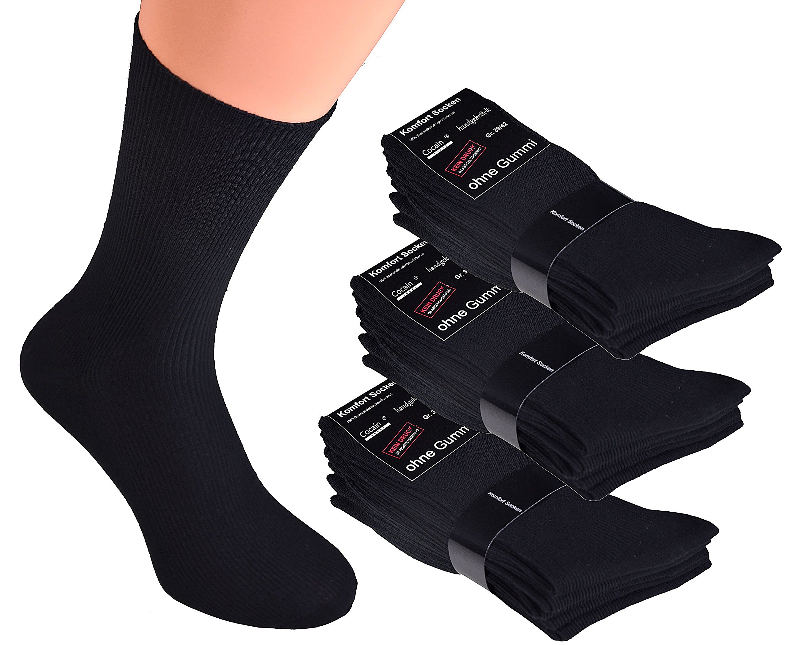 Cocain underwear 10 Paar schwarze Damen- & Herren Socken Gr. 47/50 ohne Gummi 100% Baumwolle, Business-Socken handgekettelt ohne Naht, auch für Diabetiker geeignet