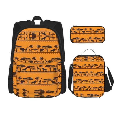 WURTON Schulterrucksack, Motiv: afrikanische Tiere, 3-in-1, Büchertaschen-Set, Lunchbox, Federmäppchen, Reise-Laptop-Tagesrucksäcke, Schwarz, Einheitsgröße