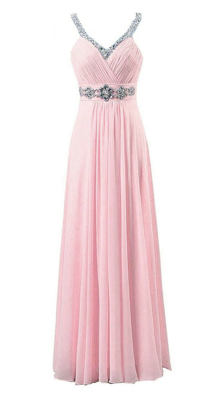 Zorayi Damen Elegante Lang V-Ausschnitt Perlen Chiffon Abendkleid Brautjungfernkleider Rosa Größe 44