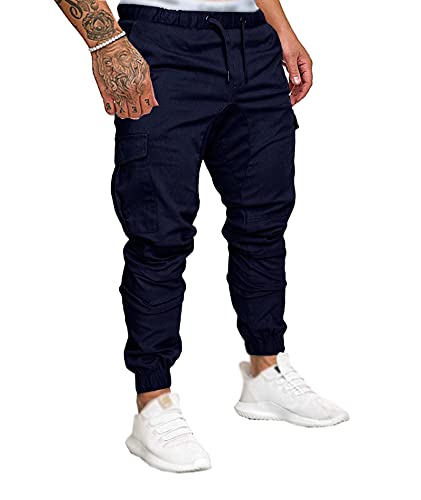 SOMTHRON Herren Elastische Taille Gürtel Baumwolle Jogging Sweat Hosen Plus Size Mode Lange Sports Cargo Hosen Shorts mit Taschen Joggers Activewear Hosen, Dark Blue, XL