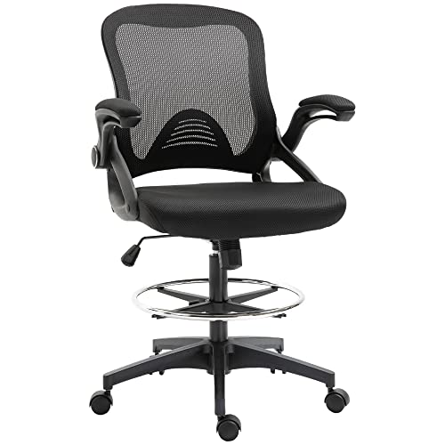 Vinsetto Mesh Zeichenstuhl, Ergonomischer Bürostuhl mit Rollen, 106-126 cm Höhenverstellbarer Drehstuhl mit verstellbarem Fußring, Arbeitsstuhl für Zuhause, Schwarz