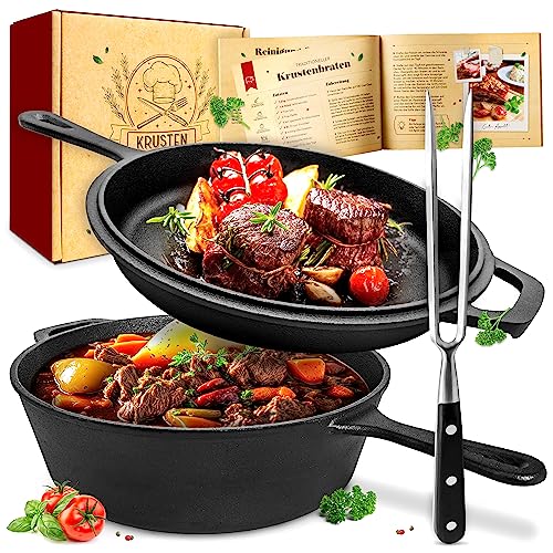 KRUSTENZAUBER Gusseisen Topf [inkl. Fleischgabel] - Robuste 26cm Gusseisenpfanne - Ideal als Schmortopf Induktion, Gusseisen Bräter mit Deckel Backofengeeignet, Dutch Oven Set, Kazan Cast Iron Pot