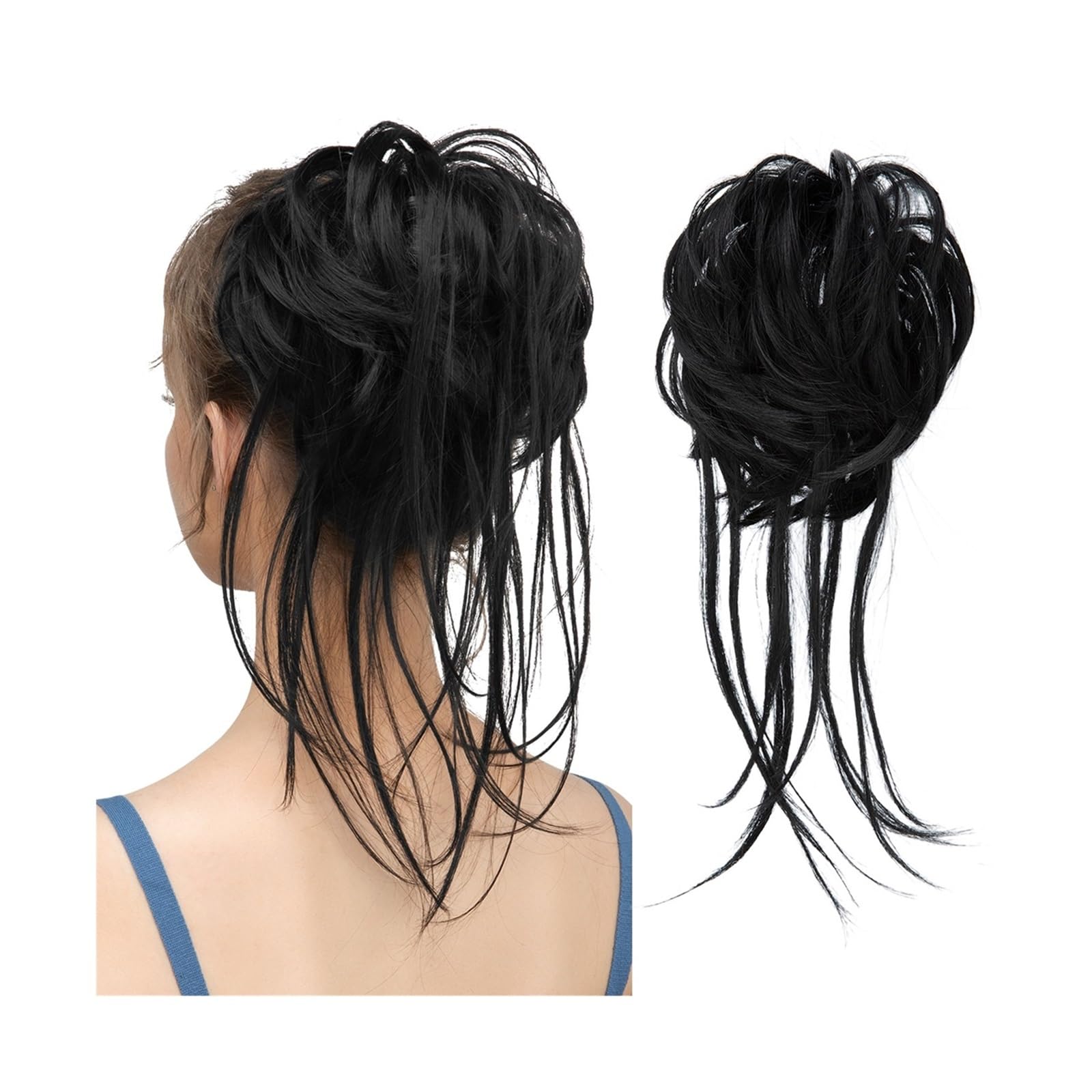 Haarteil Synthetische elastische Messy Bun-Haarteile, lockiges Haargummi, schwarz, blond, braun, Chignon-Band, Hochsteckfrisur, Donut for Frauen, natürliches Kunsthaar Haarverlängerung(Jet Black)