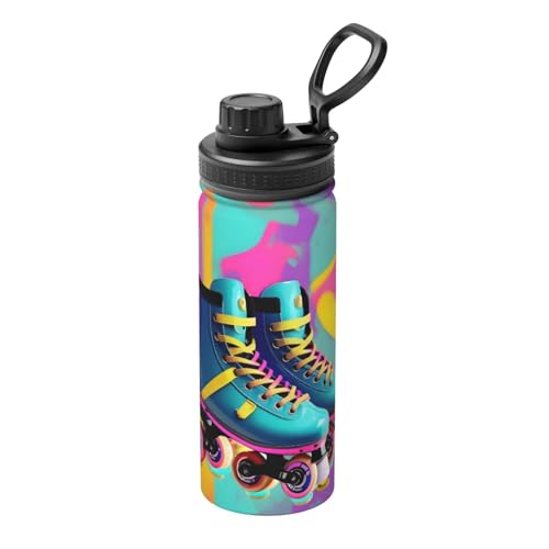 YQxwJL Retro-Wasserflasche mit Rollschuh-Aufdruck, 530 ml, Edelstahl-Flasche, Sport-Wasserflasche für Männer und Frauen