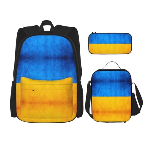 WURTON Lunchbox mit ukrainischer Flagge, Federmäppchen, Rucksack-Set, 3-teilig, verstellbare Riemen, langlebig, leicht, Schwarz, One Size