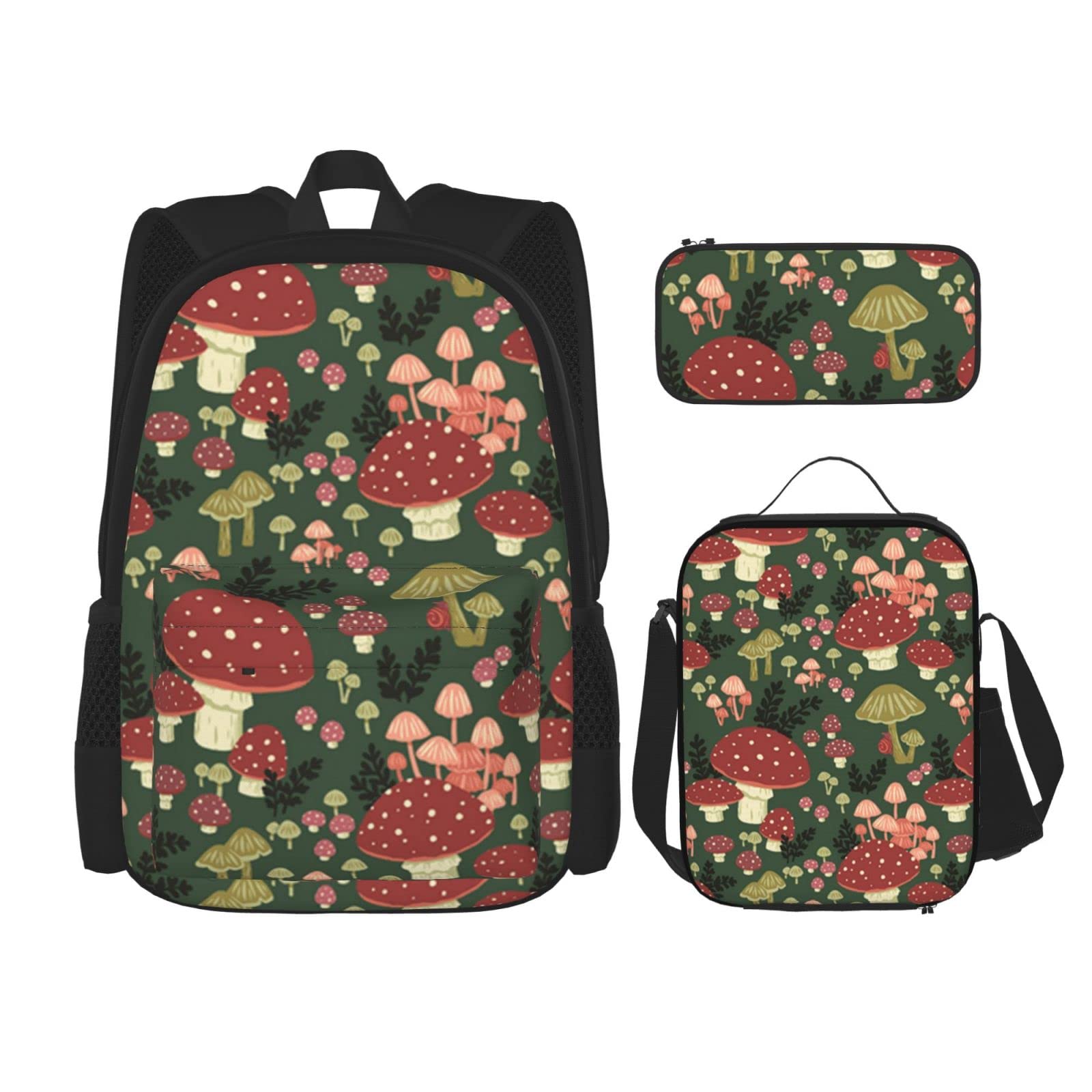 DENMER Mehrzweck-Schulranzen mit Libelle, mit passendem Federmäppchen und Lunchtasche, Set - Ihre stilvolle All-in-One-Lösung, Schwarz, Bright Mushrooms Art, Einheitsgröße