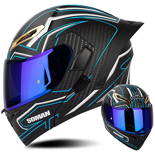 Modularer Motorradhelm, Klapphelm Flip Up Front Motorrad Sturzhelm, DOT/ECE Genehmigt für Frau Männer mit Doppeltem Sonnenvisier Farblinse Motorrad Roller Vollgesichtshelme,Schwarz Blau-L(59~60cm)