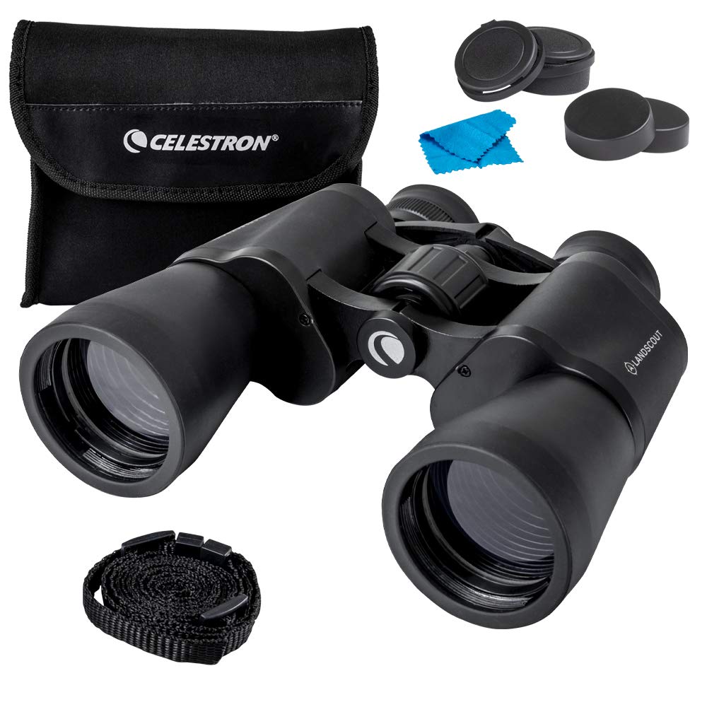 Celestron 72360 LandScout 10 x 50 mm Wasserbeständiges Porroprismenfernglas mit griffiger Gummioberfläche, vergüteter Linse, K9 optischem Glas, Halsriemen und weicher Tragetasche, schwarz