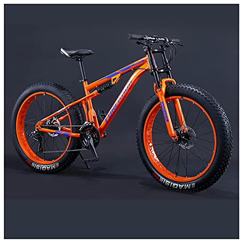 REOTEL 26 Zoll Mountainbike Herren Damen Mountainbike Fatbike, 7/21/24/27/30 Gang-Schaltung Erwachsene Fette Reifen Fahrrad, Rahmen Kohlenstoffstahl Vollfederung Bike,Orange Spoke,24 Speed