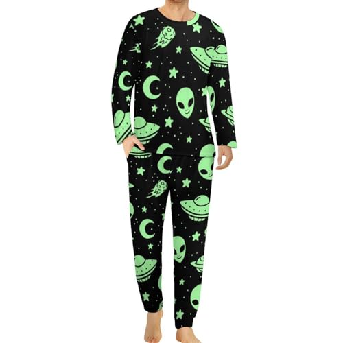 HABXNJF Herren Rundhals Schlafanzug Set, Green Alien Moon UFO Pyjama für Männer, Herren Pyjama mit Taschen, Grüner Alien Mond Ufo, XL