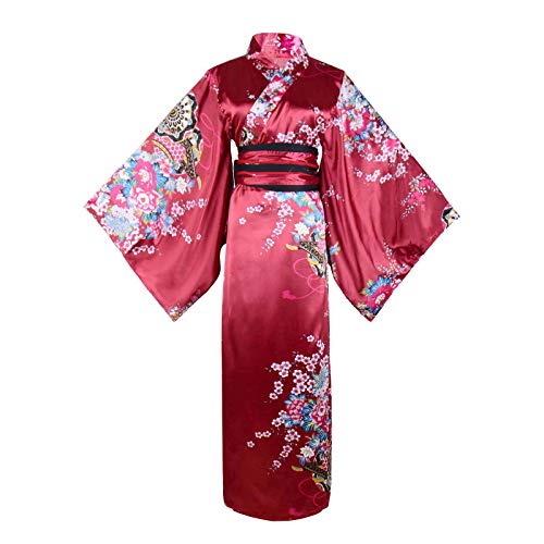 Wraith of East Kimono Kostüm Erwachsene Japanische Geisha Yukata Floral Muster Kleid Blüte Bademantel Nachtwäsche Mit Obi Gürtel, 30 lang weinrot, Large