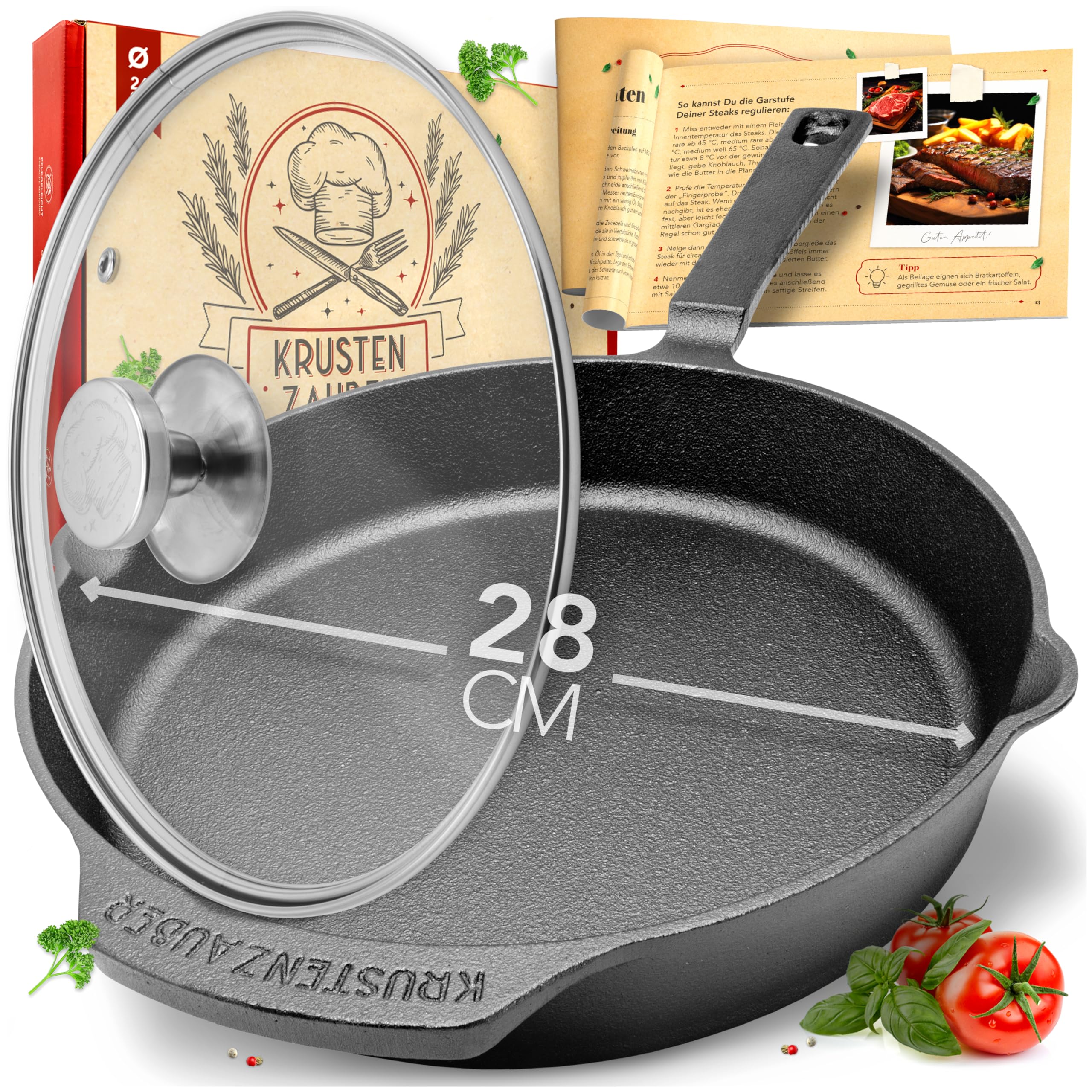 KRUSTENZAUBER 28cm Gusseisenpfanne Induktion Set - Voreingebrannte Gusseisen Pfanne - Ideale Grillpfanne Induktion, Eisenpfanne, Cast Iron Pan, Bratpfanne, Gusseiserne Pfanne Skillet Gusspfanne