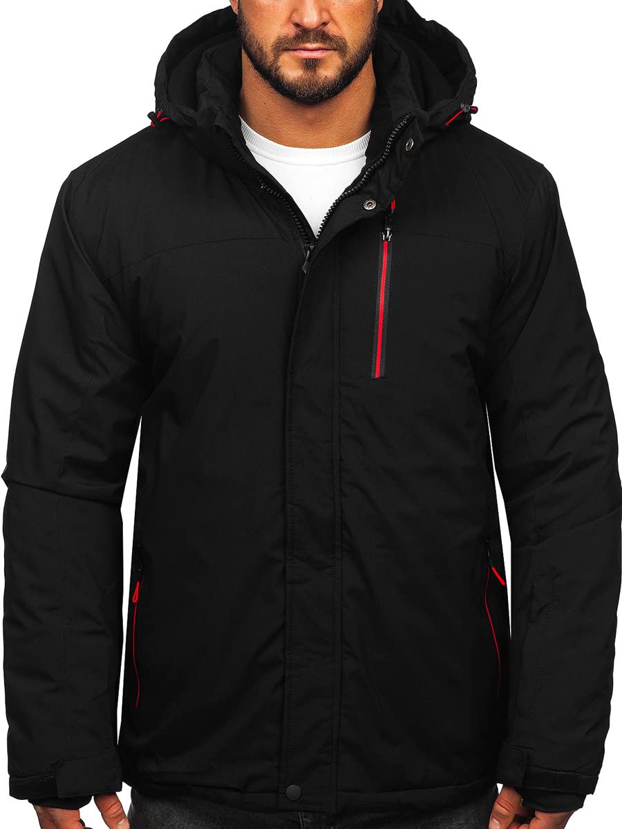 BOLF Herren Winterjacke Skijacke Snowboardjacke mit Reißverschluss und Kapuze Bündchen Outdoor Freizeit 7097 Schwarz-Rot S [4D4]