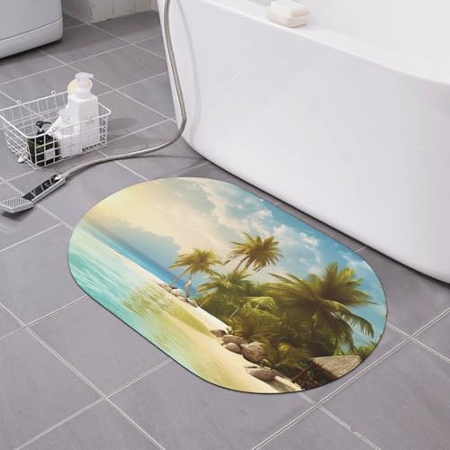 CSGJMYGS Badematte mit tropischem Strand, Kieselgur, weich, rutschfest, super saugfähig, Badezimmer-Bodenmatte, schnell trocknend, Kieselgur für Badezimmer, 60 x 40 cm